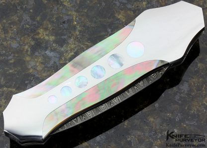 Scott Sawby Custom Knife Mike Norris Damascus Button Lock "Egret" Dagger with Mother of Pearl & Black Lip Pearl Shell Inlays - Image 3