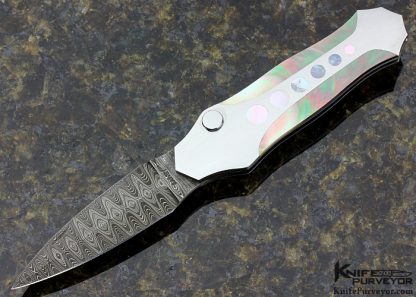 Scott Sawby Custom Knife Mike Norris Damascus Button Lock "Egret" Dagger with Mother of Pearl & Black Lip Pearl Shell Inlays