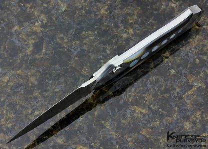 Scott Sawby Custom Knife Mike Norris Damascus Button Lock "Egret" Dagger with Mother of Pearl & Black Lip Pearl Shell Inlays - Image 4