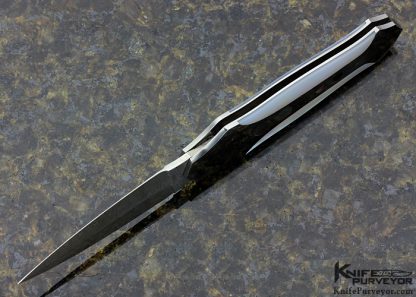 Scott Sawby Custom Knife Mike Norris Damascus Button Lock Egret with Black Lip & Mother of Pearl Shell Inlays - Image 5