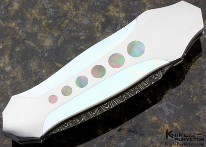 Scott Sawby Custom Knife Mike Norris Damascus Button Lock Egret with Black Lip & Mother of Pearl Shell Inlays - Image 3