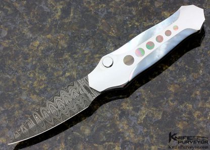 Scott Sawby Custom Knife Mike Norris Damascus Button Lock Egret with Black Lip & Mother of Pearl Shell Inlays