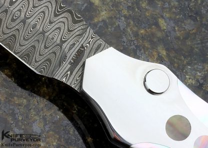 Scott Sawby Custom Knife Mike Norris Damascus Button Lock Egret with Black Lip & Mother of Pearl Shell Inlays - Image 2