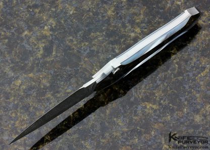 Scott Sawby Custom Knife Mike Norris Damascus Button Lock Egret with Black Lip & Mother of Pearl Shell Inlays - Image 4