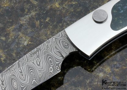 Scott Sawby Custom Knife Bittern Devin Thomas Damascus Blade and Button Green Moss Agate Button Lock - Image 2