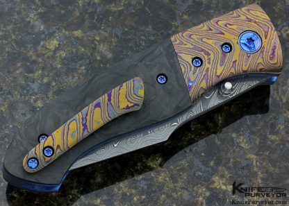 Sean O'Hare Custom Knife F2K Xhp San Mai Damascus, Zircuti Bolsters/Clip and Marble Carbon Fiber Linerlock - Image 3