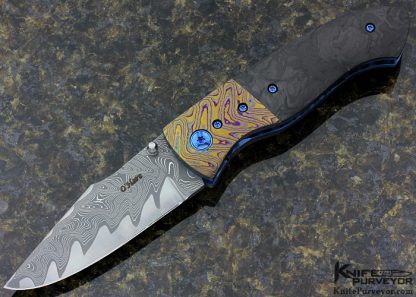 Sean O'Hare Custom Knife F2K Xhp San Mai Damascus, Zircuti Bolsters/Clip and Marble Carbon Fiber Linerlock