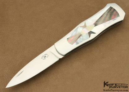 Steve Hoel Custom Knife Sunburst Pattern Black Lip Tahitian Pearl Shell, Mother of Pearl Shell & Green Sea Snail Shell Interframe Coke Bottle Lockback Dagger