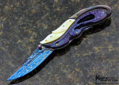 Suchat Jangtanong Custom Knife "Swan" Lockback with Blued Chad Nichols Damascus, Carved Black Lip Tahitian and South Sea Gold Lip Pearl Shell