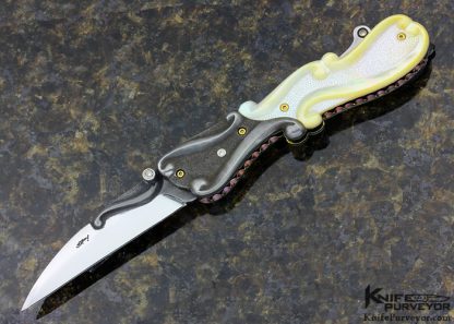 Suchat Jangtanong Custom Knife Carved and Stippled Damascus & South Sea Gold Lip Pearl Lockback