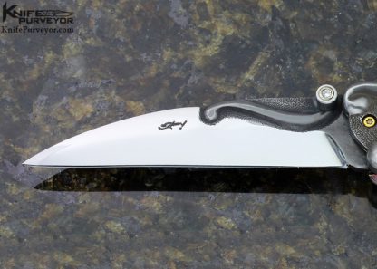 Suchat Jangtanong Custom Knife Carved and Stippled Damascus & South Sea Gold Lip Pearl Lockback - Image 3