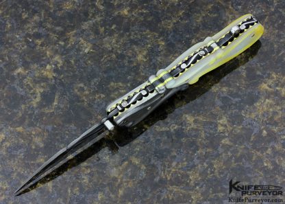 Suchat Jangtanong Custom Knife Carved and Stippled Damascus & South Sea Gold Lip Pearl Lockback - Image 5