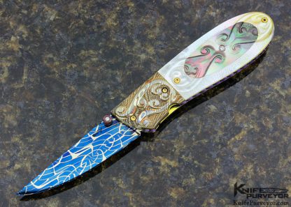 Suchat Jangtanong Custom Knife Blued Mosaic Damascus Linerlock with Carved Mokume, Black Lip Tahitian Pearl Shell and South Sea Gold Lip Pearl Shell