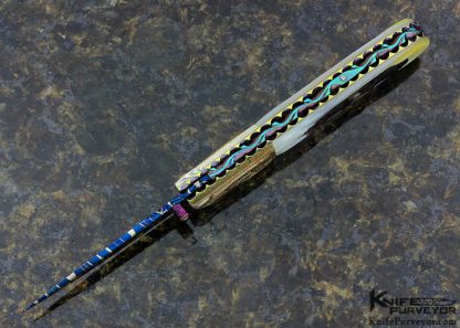 Suchat Jangtanong Custom Knife Blued Mosaic Damascus Linerlock with Carved Mokume, Black Lip Tahitian Pearl Shell and South Sea Gold Lip Pearl Shell - Image 2