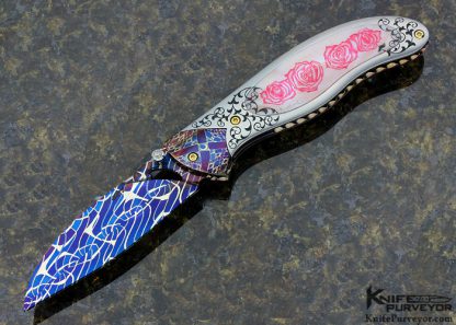 Suchat Jangtanong Custom Knife Scrimshawed and Engraved Pink Lip Pearl & Blued Mosaic Damascus Linerlock