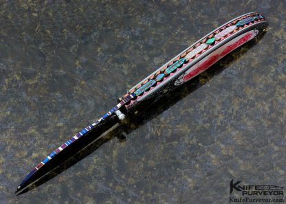 Suchat Jangtanong Custom Knife Scrimshawed and Engraved Pink Lip Pearl & Blued Mosaic Damascus Linerlock - Image 2