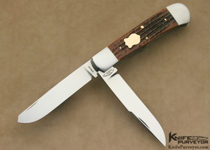 Tom Overeynder Custom Knife Model 20 2 Blade Trapper Jigged Bone With 18Kt. Rose Gold Shield And Pins