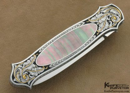 Tom Overeynder Custom Knife Joe Mason Engraved Black Lip Tahitian Pearl Interframe Lockback Dagger - Image 3