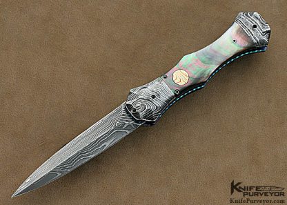 Rainy Vallotton Custom Knives Black Lip Tahitian Pearl Shell & Damascus Double Action Automatic Linerlock