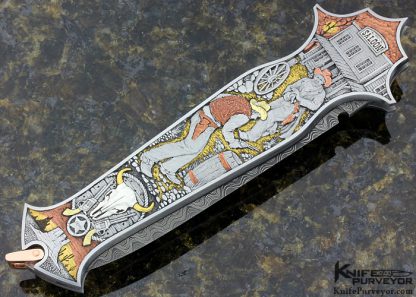 Warren Osborne Custom Knife Mike Norris Damascus, Sculpted 24Kt Gold, 18Kt Green Gold, Silver and Copper Auto Lockback "The Train Job" Engraved by Aleksey Saburov - Image 4