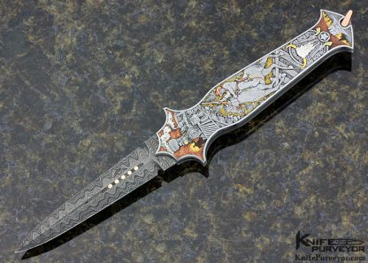 Warren Osborne Custom Knife Mike Norris Damascus, Sculpted 24Kt Gold, 18Kt Green Gold, Silver and Copper Auto Lockback "The Train Job" Engraved by Aleksey Saburov