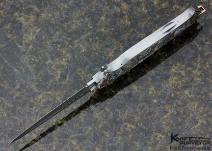 Warren Osborne Custom Knife Mike Norris Damascus, Sculpted 24Kt Gold, 18Kt Green Gold, Silver and Copper Auto Lockback "The Train Job" Engraved by Aleksey Saburov - Image 5