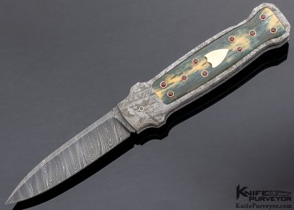 WD Pease Custom Knife Meteorite Framed, Blue Mammoth with 20 Rubies and 14Kt Gold Shield Lockback Dagger