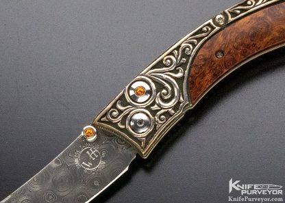 William Henry Custom Knife Limited Edition #12 of 25 B11 Persian "Silver Dawn" Amboyna Burl and Damascus Inlaid Sapphires In Button Lock and Thumb Stud - Image 2